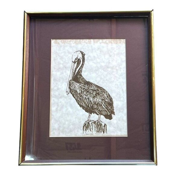 Silk Screening of Pelican Signed Art Caroline Zaffery Framed 14X16Beach Nautical - Picture 1 of 7